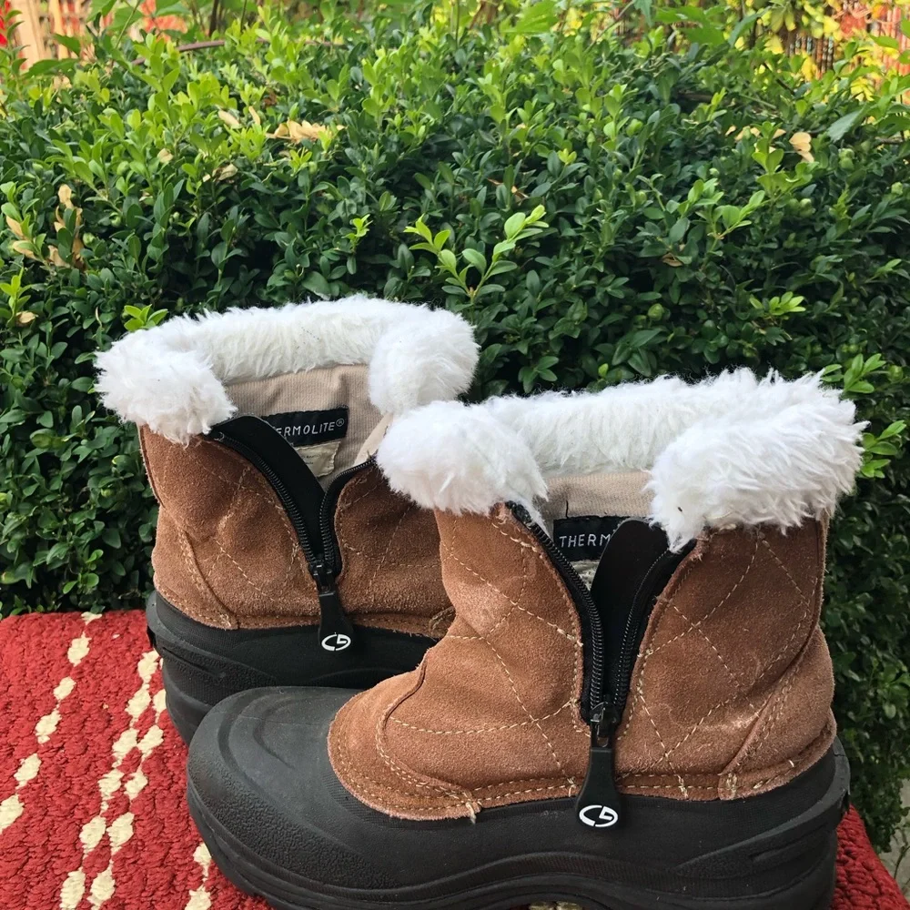 Champion THERMOLITE BROWN LEATHER SUEDE FAUX FUR ACCENT ZIPPER SNOW BOOTS SIZE 8